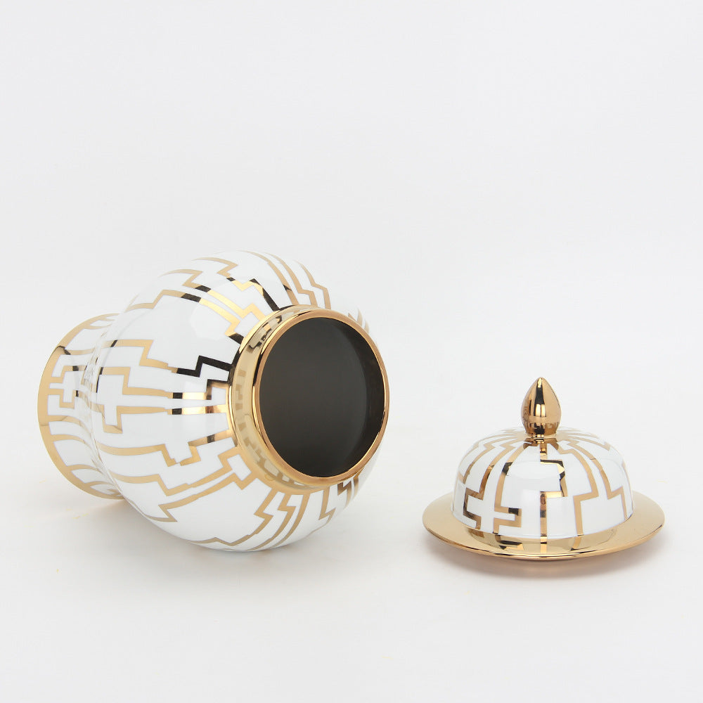 Gold Striped Ceramic Tea Caddy and Storage Jar
