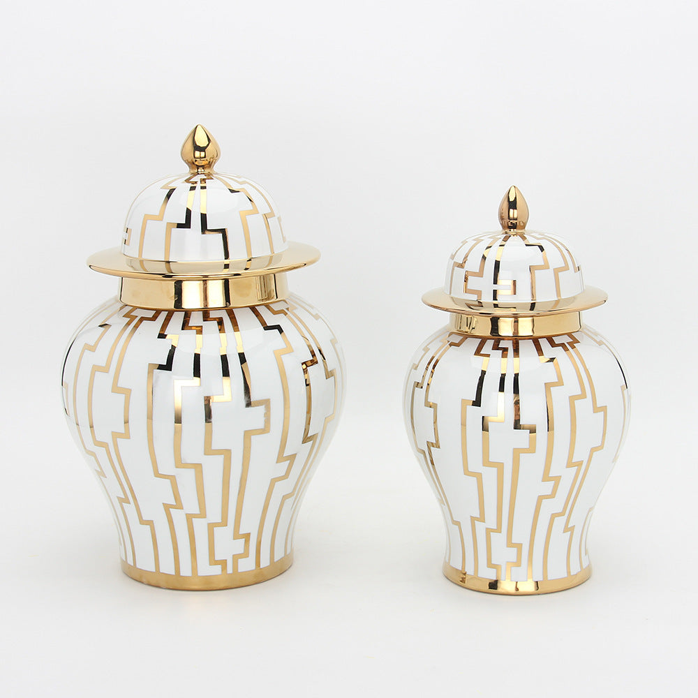 Gold Striped Ceramic Tea Caddy and Storage Jar