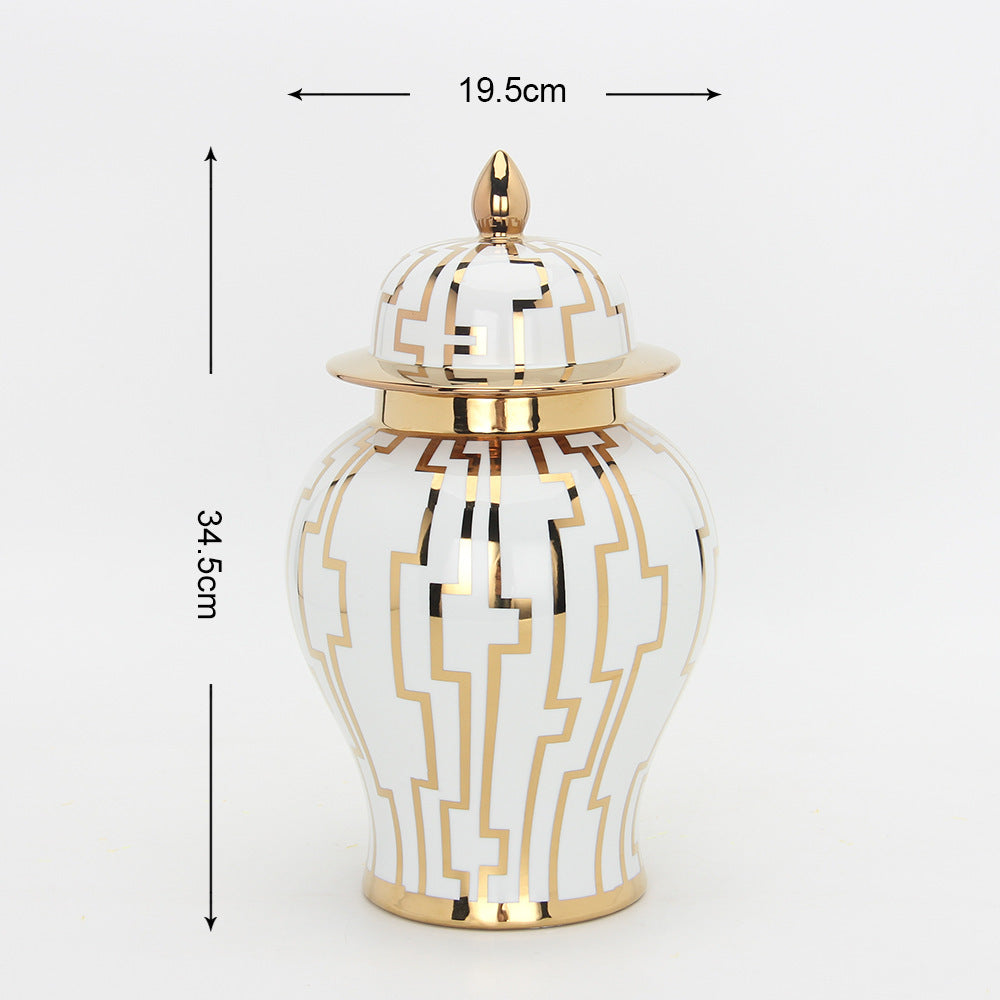 Gold Striped Ceramic Tea Caddy and Storage Jar
