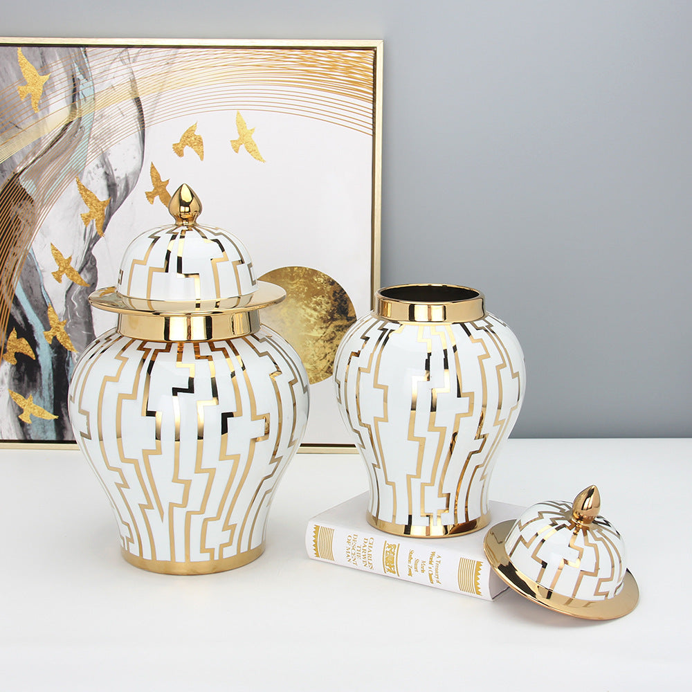 Gold Striped Ceramic Tea Caddy and Storage Jar