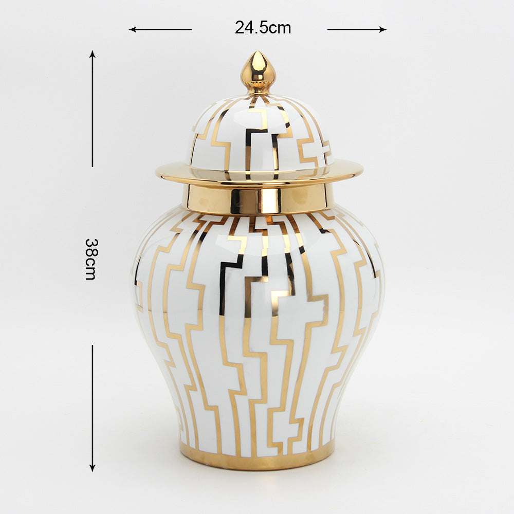 Gold Striped Ceramic Tea Caddy and Storage Jar