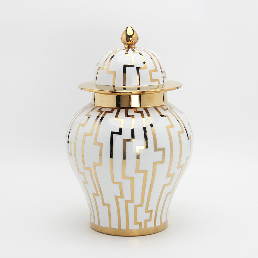 Gold Striped Ceramic Tea Caddy and Storage Jar