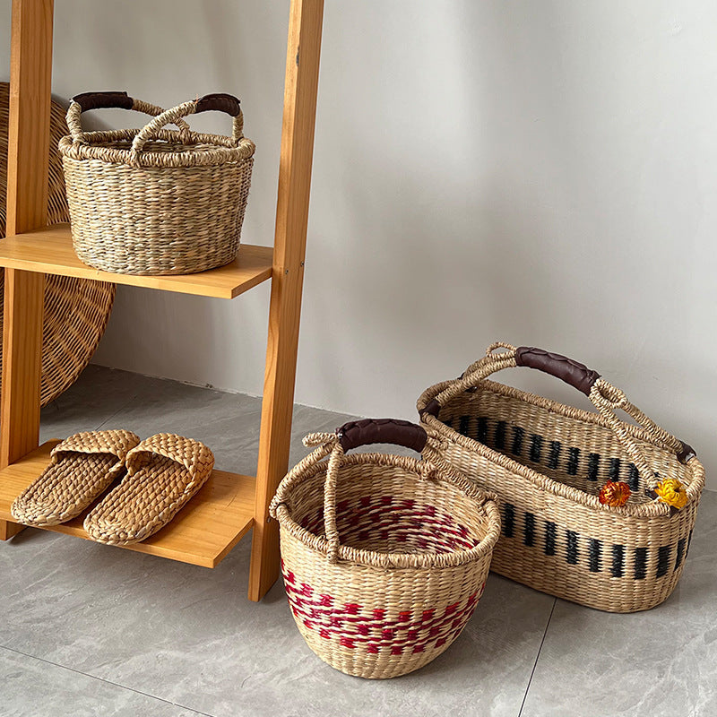 Colorful Straw Woven Storage Basket Artificial Woven Desktop Storage Basket