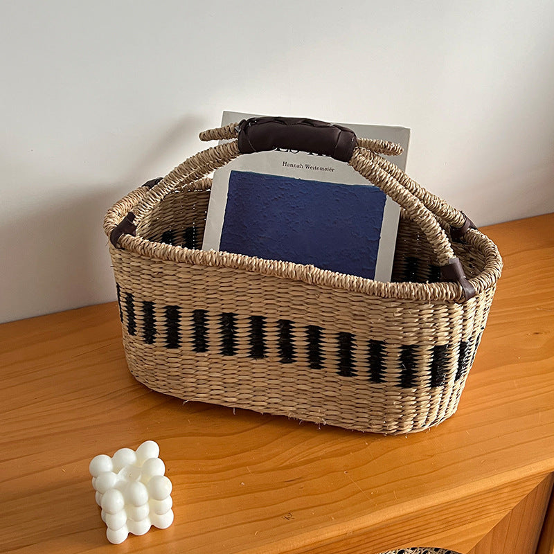 Colorful Straw Woven Storage Basket Artificial Woven Desktop Storage Basket