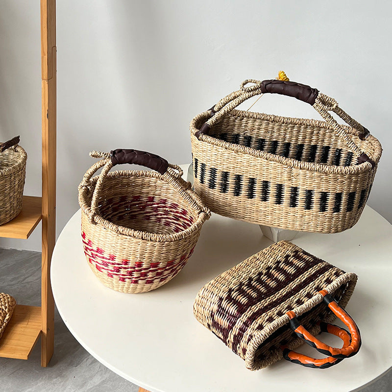 Colorful Straw Woven Storage Basket Artificial Woven Desktop Storage Basket